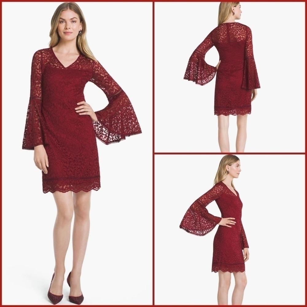 NWT WHBM Maroon Drama Sleeve Lace Shift Dress